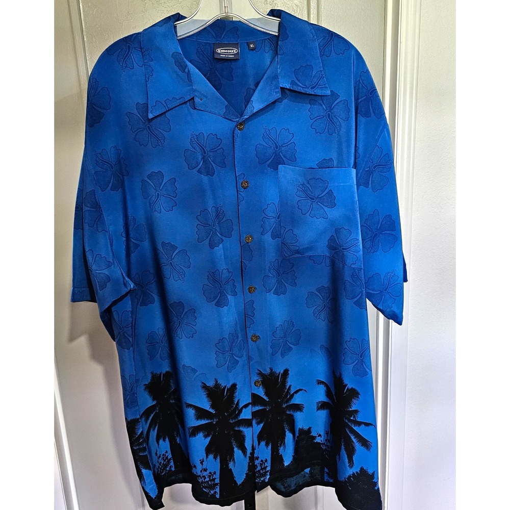 Sideout Men's XL Hawaiian Shirt Blue Floral Palm Tree Tropical Made Korea